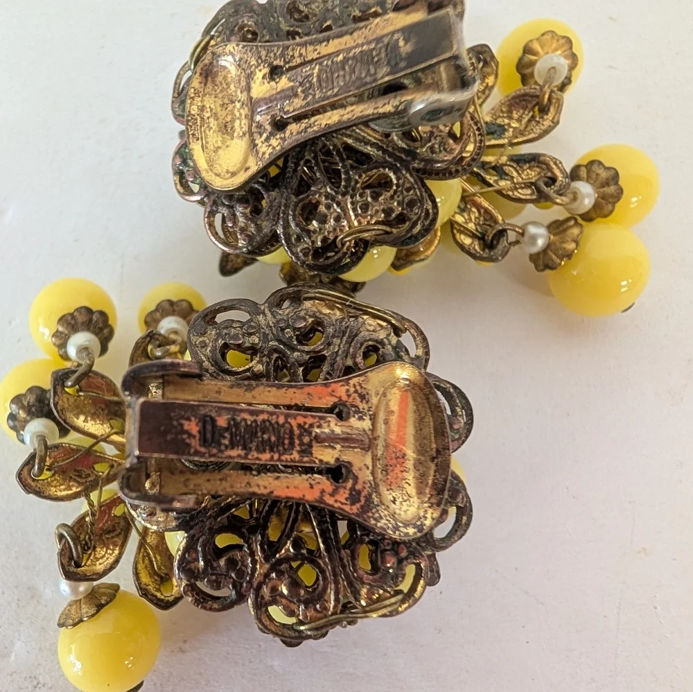 Vintage DeMario Yellow Beaded Clip-On Earrings Signed DeMario N.Y.